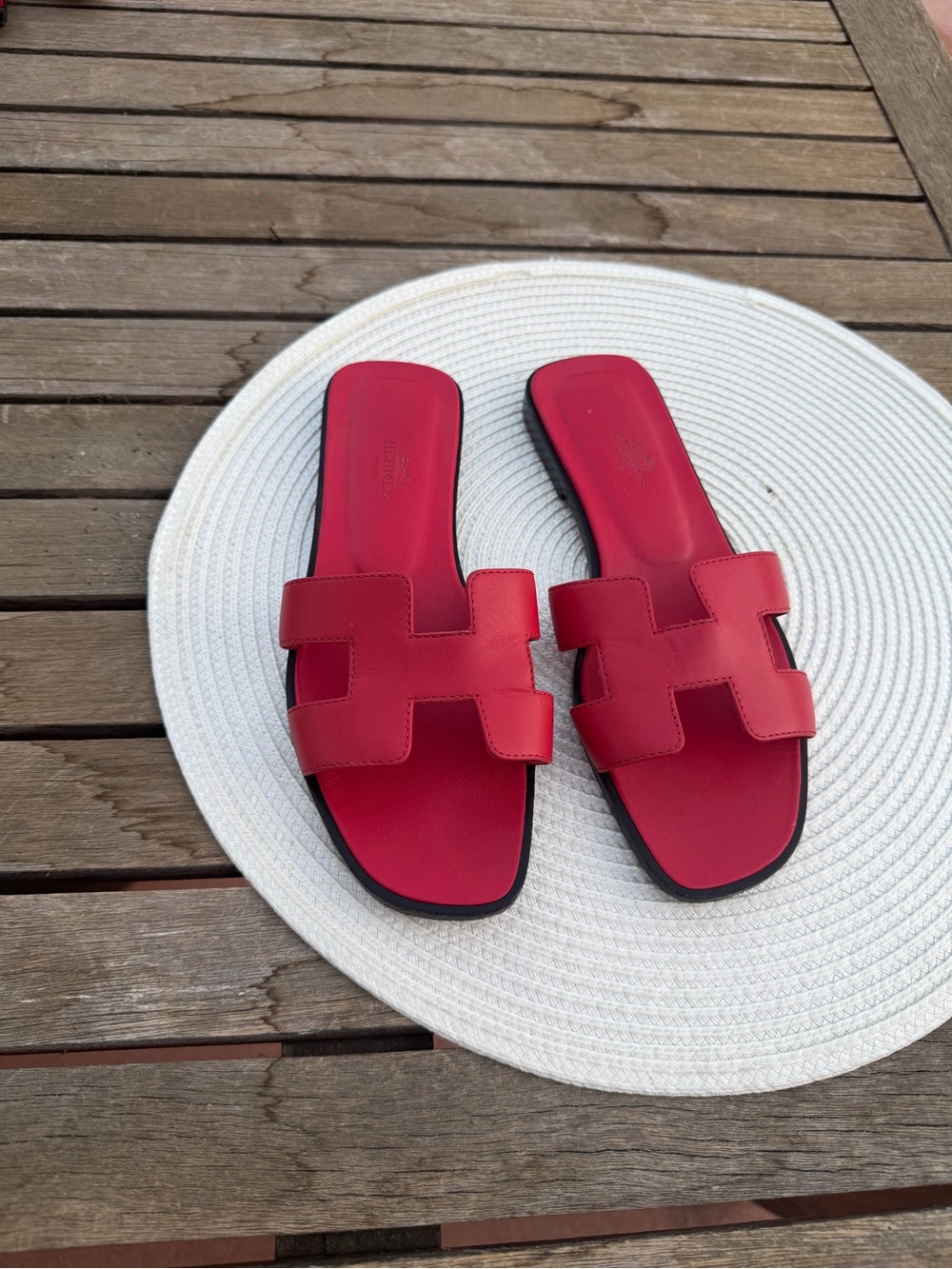 Hermes Red Leather Oran Slide Sandals